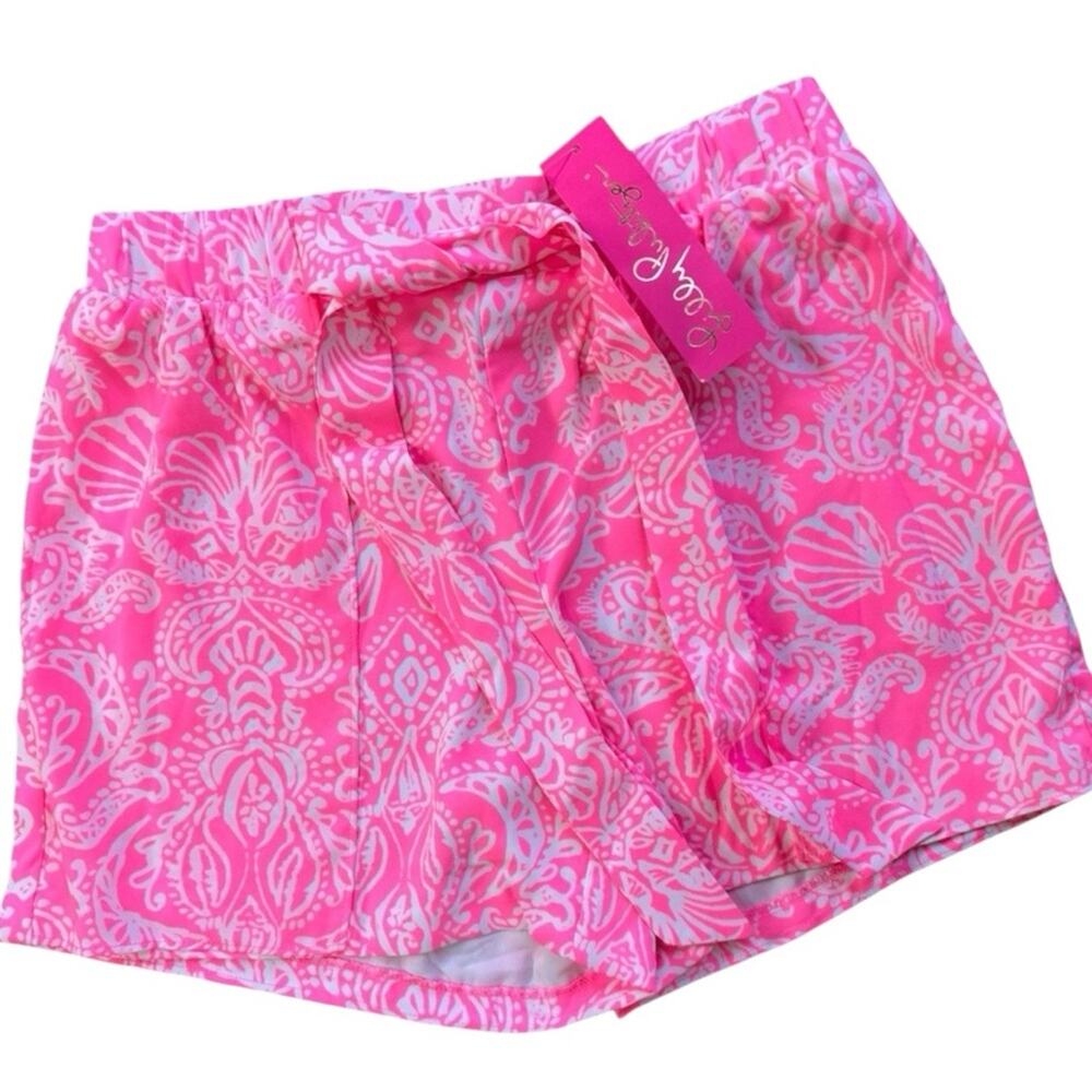 Lilly Pulitzer Myles tie front Paisley Lobster Seashells Pink white shorts SZ 4
